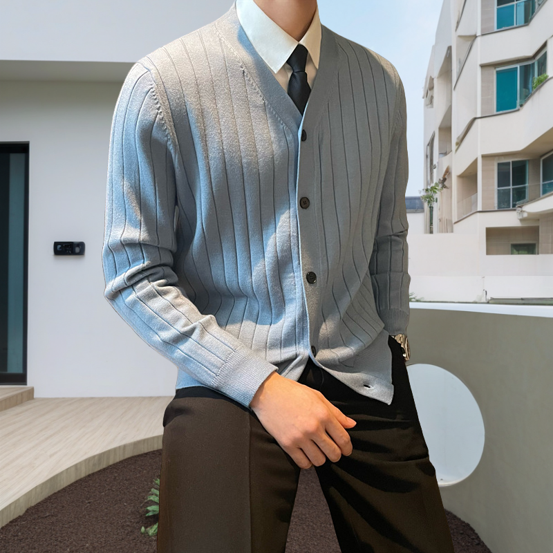 Men's V-Neck Open Front Sweater in Solid Colors（50 - White | SAVINTARI