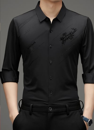 Men's Warm Anti-wrinkle Non-iron High Elasticity Padded Lined Shirt - Black | Seasonal Shirt | SAVINTARI