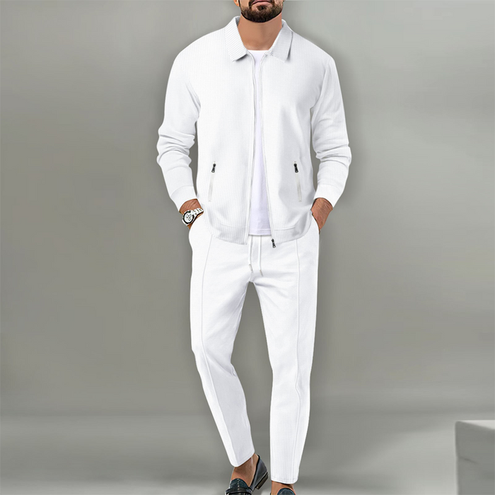 Men's Stylish Lapel Jacket & Jogger Pants 2-Piece Set - White | Casual Two-Piece Set | SAVINTARI