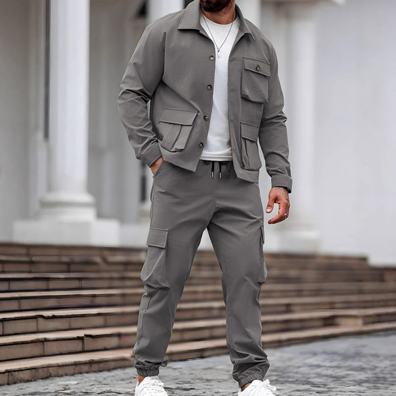 Men's Retro Jacket & Cargo Pants 2-Piece Set (50 - Green | SAVINTARI