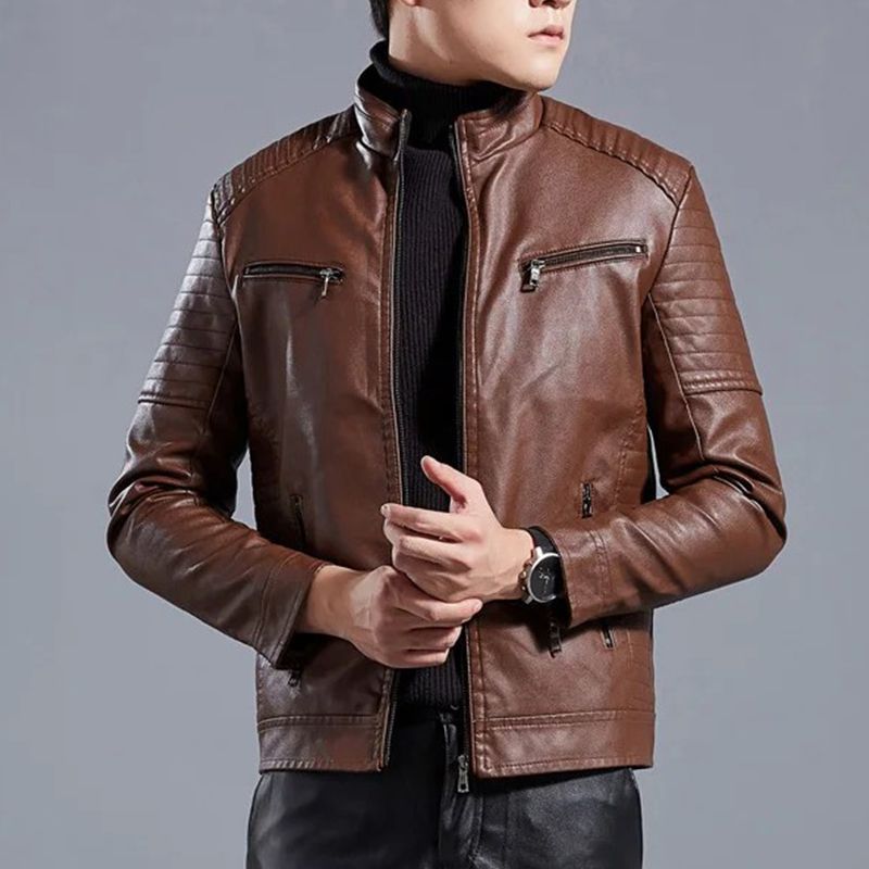 Men's Stand Collar Biker Leather Jacket - Black | leather jacket | SAVINTARI