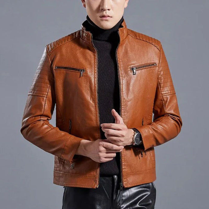 Stand Collar Biker Leather Jacket · Black