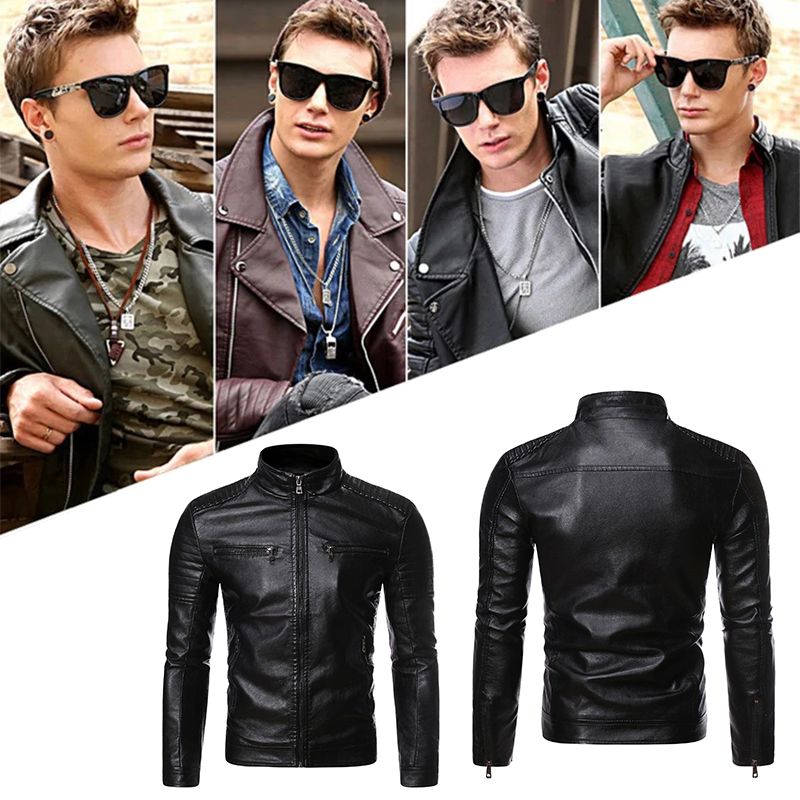 Men's Stand Collar Biker Leather Jacket - Black | leather jacket | SAVINTARI