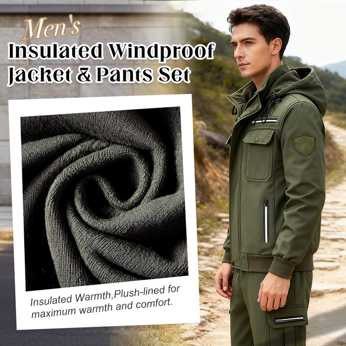 Men's Insulated Windproof Jacket & Pants Set - Black | Casual Two-Piece Set | SAVINTARI