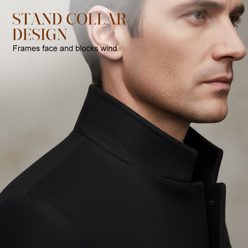 Men's Warm Mid-Length Stand-Collar Coat - Black | SAVINTARI