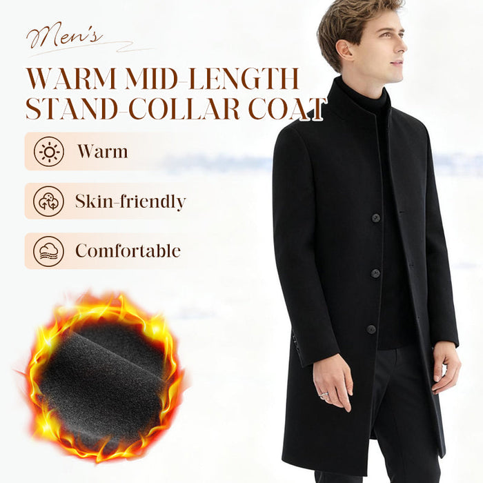 Men's Warm Mid-Length Stand-Collar Coat - Black | Transitional Coat | SAVINTARI