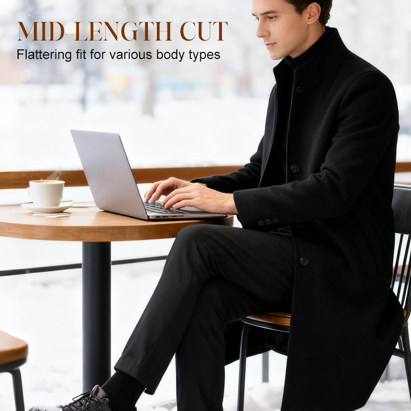 Men's Warm Mid-Length Stand-Collar Coat - Black | SAVINTARI