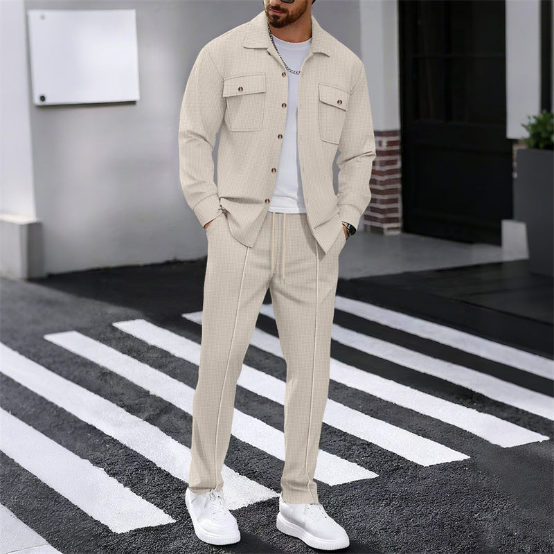 Men's Waffle Button-Down Jacket & Pants Set Breathable Waffle Knit, Relaxed - White | SAVINTARI