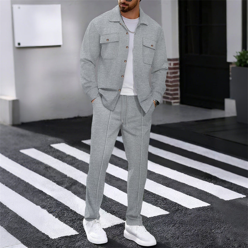 Men's Waffle Button-Down Jacket & Pants Set Breathable Waffle Knit, Relaxed - White | SAVINTARI