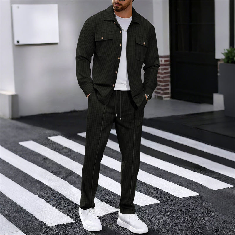 Men's Waffle Button-Down Jacket & Pants Set Breathable Waffle Knit, Relaxed - White | SAVINTARI