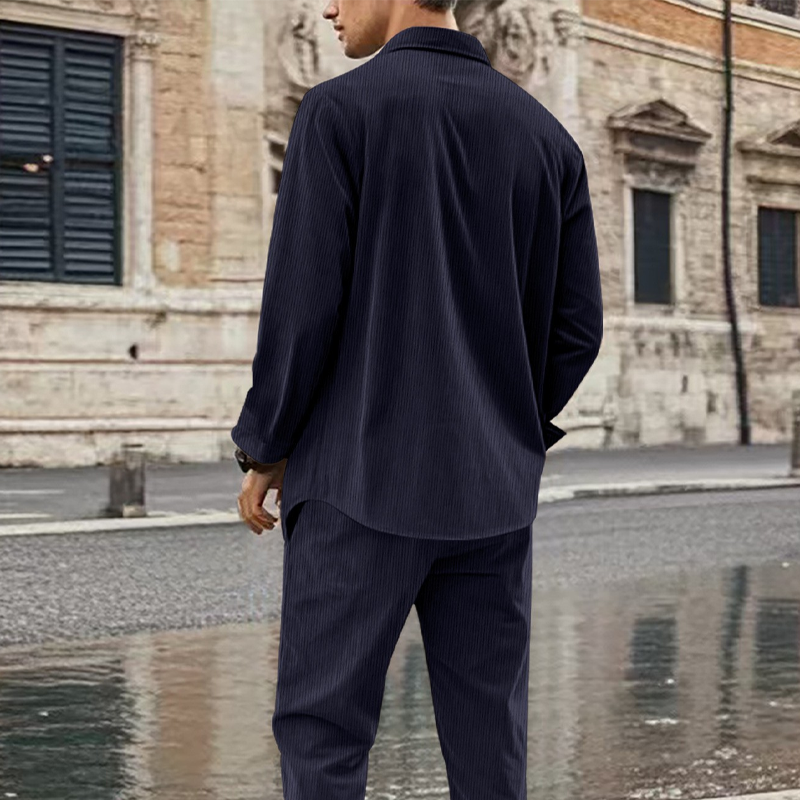 Men's Textured Long Sleeve Shirt & Pants Set - White | SAVINTARI