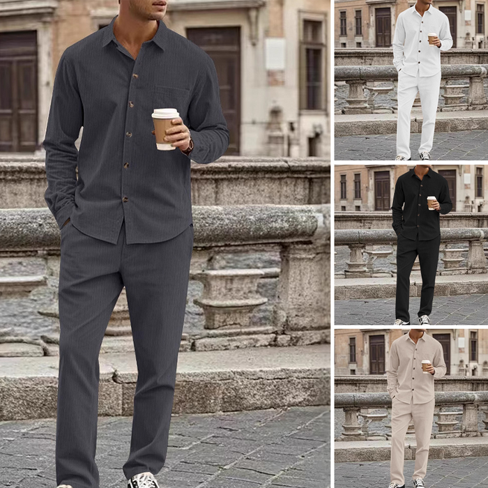 Men's Textured Long Sleeve Shirt & Pants Set - White | Casual Two-Piece Set | SAVINTARI