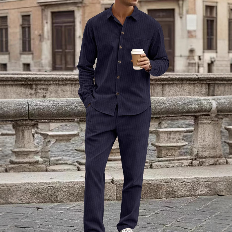 Men's Textured Long Sleeve Shirt & Pants Set - White | SAVINTARI