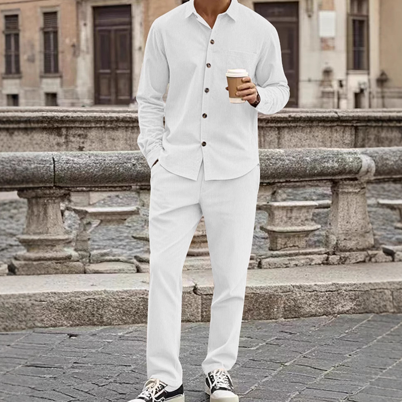 Men's Textured Long Sleeve Shirt & Pants Set - White | SAVINTARI