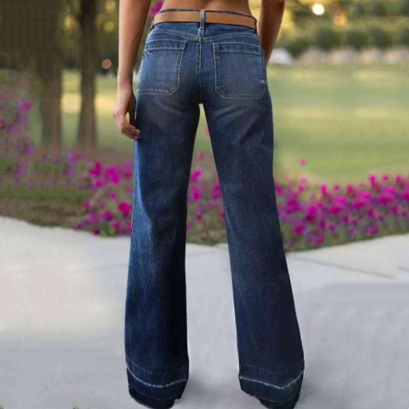 Men's Women's Retro Flare Jeans with Pockets - Dark Blue | SAVINTARI