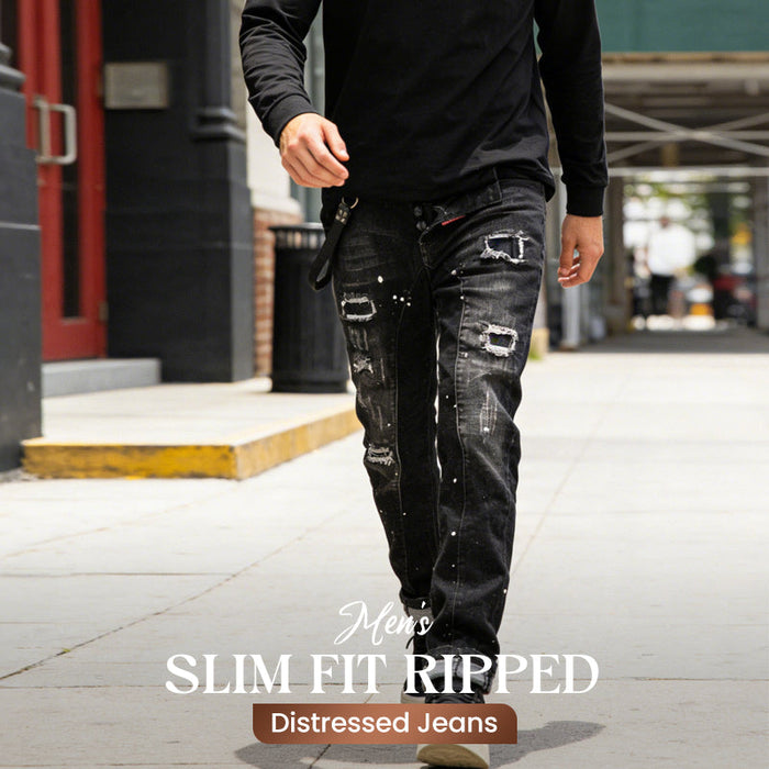 Men's Slim Fit Ripped Distressed Jeans - Black | Everyday Denim | SAVINTARI