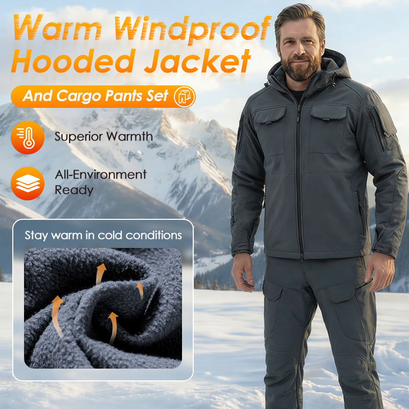 Men's Warm Windproof Hooded Jacket and Cargo Pants Set - Black | SAVINTARI