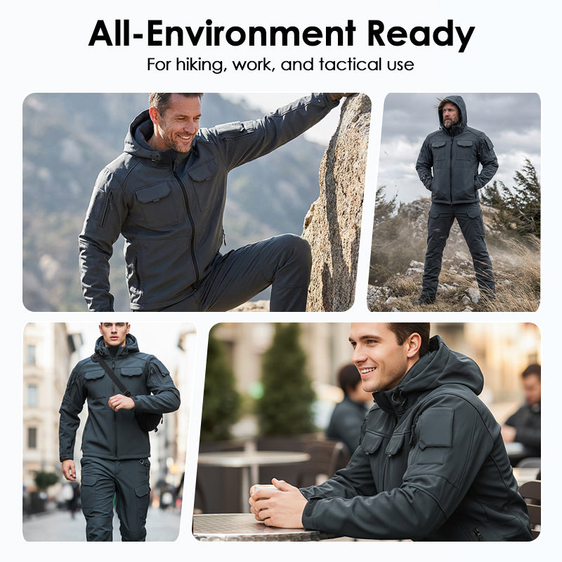 Men's Warm Windproof Hooded Jacket and Cargo Pants Set - Black | SAVINTARI