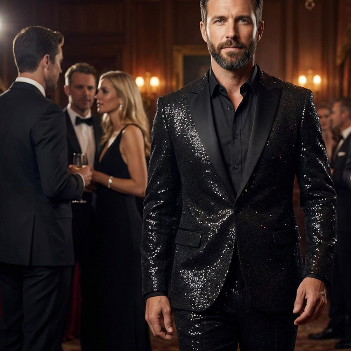 Men's Black Sparkle Tuxedo Suit Set - Black | Tailored Formal Set | SAVINTARI