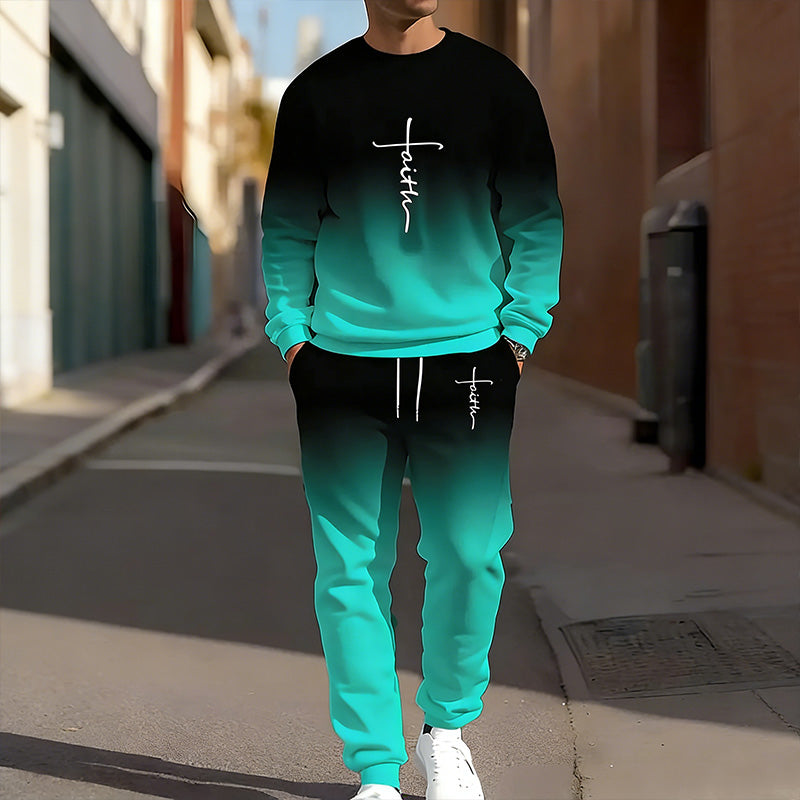 Men's Gradient Color Crewneck Tracksuit Set - Navy | SAVINTARI