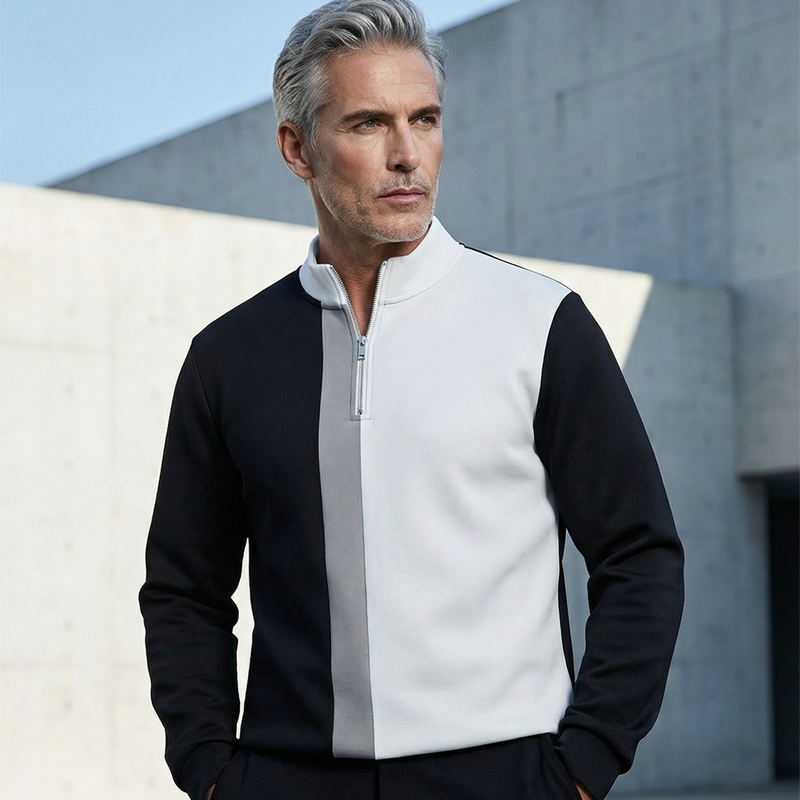 Men's Color-Block Quarter-Zip Tracksuit Set - Black + White | SAVINTARI