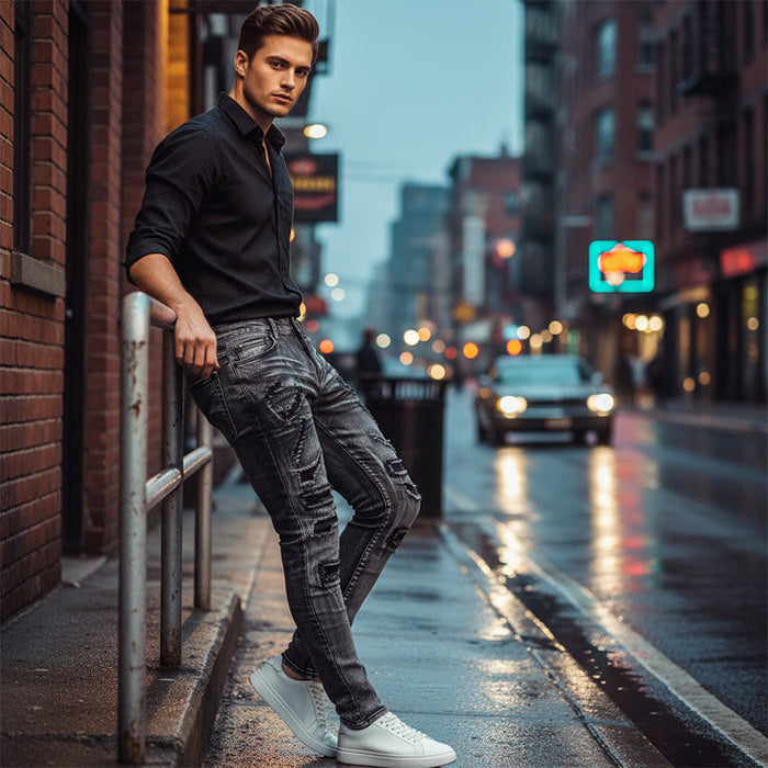 Men's Slim Fit Distressed Jeans - Grey | Everyday Denim | SAVINTARI