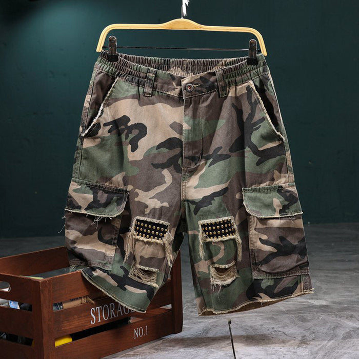 Men's Studded Camo Cargo Shorts Ripped Design, Gold Stud Accents & - Green | Smart Casual Trousers | SAVINTARI