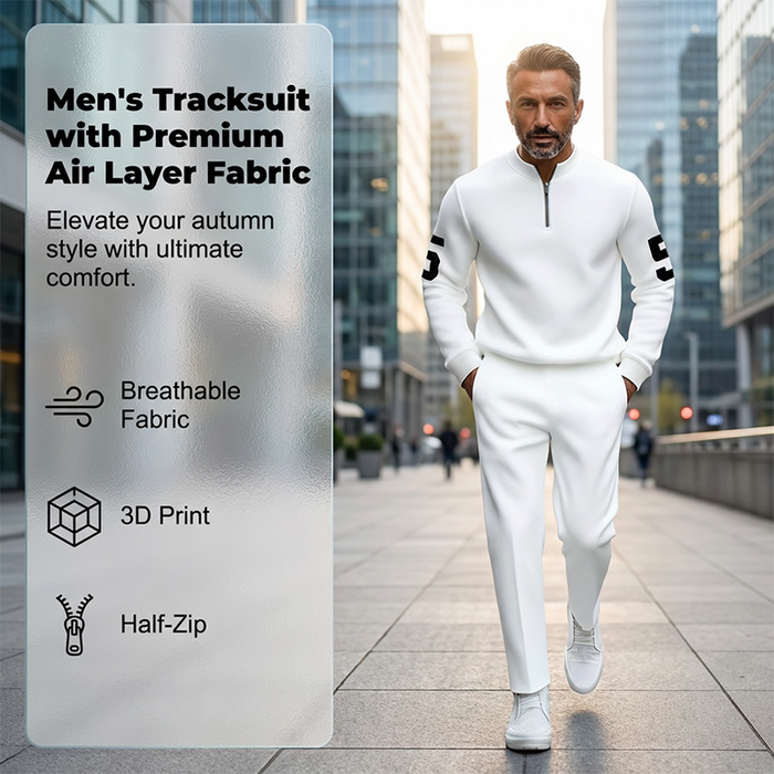 Men's Half-Zip Top & Pants 2-Piece Set - White | Casual Two-Piece Set | SAVINTARI