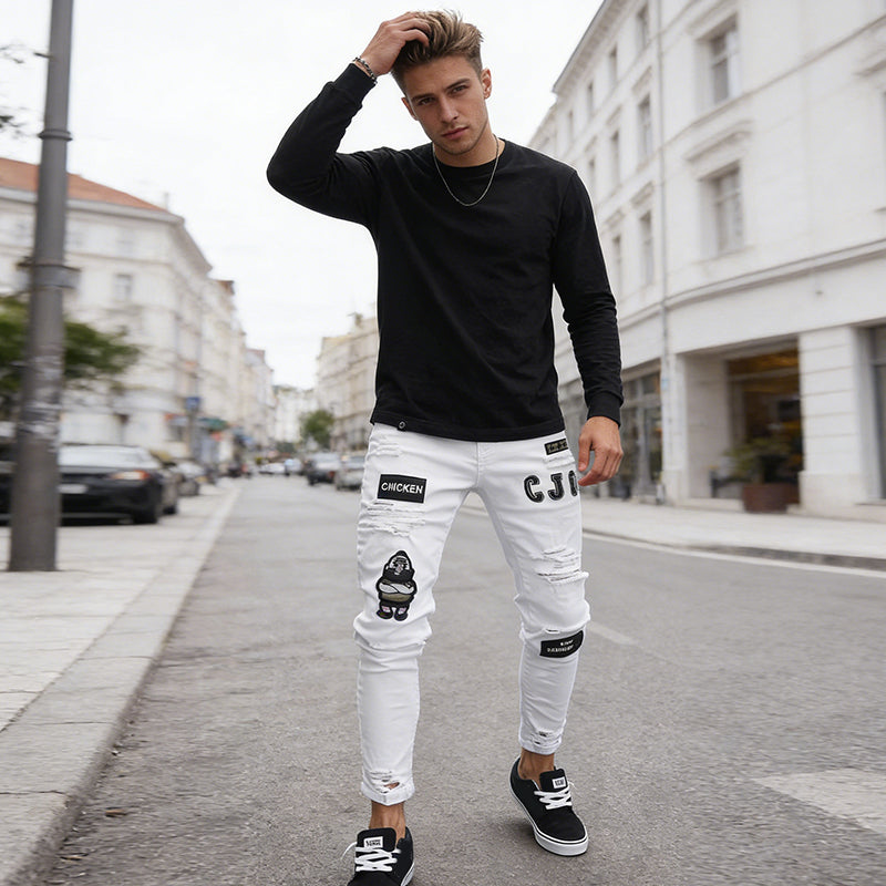 Men's Ripped Skinny Jeans - Light Blue | SAVINTARI