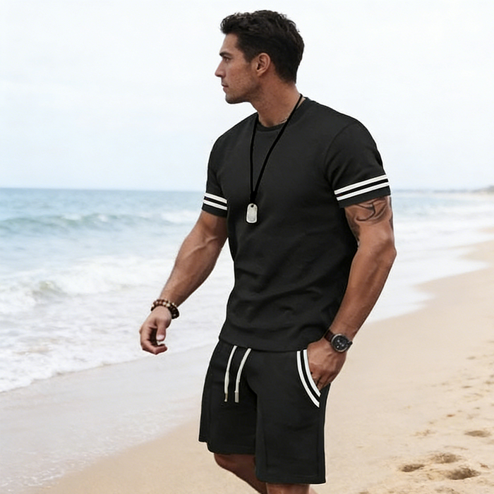 Men's Striped T-Shirt & Shorts 2-Piece Set - Black | Casual Two-Piece Set | SAVINTARI