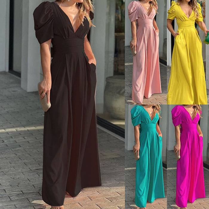 Men's Women’s Deep V-Neck Wide Leg Jumpsuits - Yellow | Men's Seasonal Edit | SAVINTARI