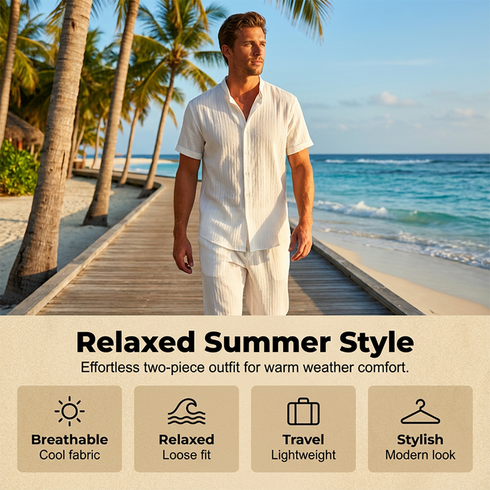 Men's Textured 2-Piece Shirt & Pants Set - Black | Casual Two-Piece Set | SAVINTARI