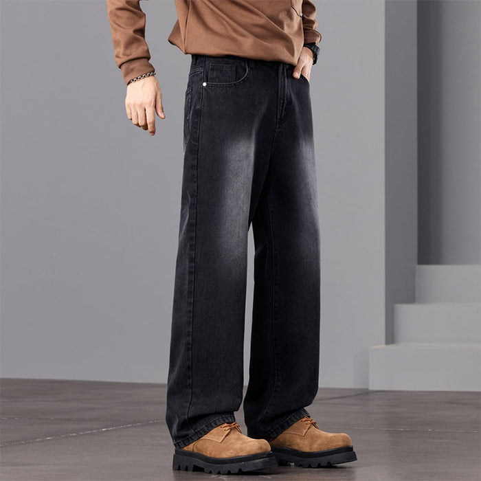 Men's Vintage Wash Wide-Leg Jeans - Black | Everyday Denim | SAVINTARI