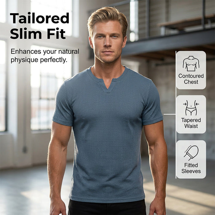 Men's V-Neck Short-Sleeve Shirt Slim Fit, Modern & All-Day Fresh - Aqua | Seasonal Shirt | SAVINTARI