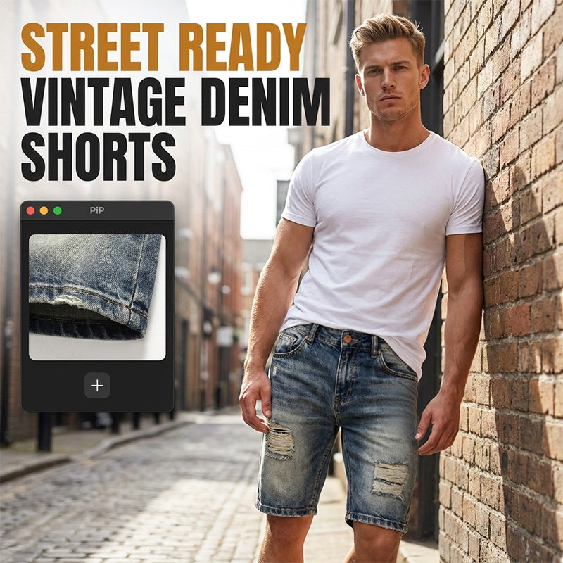 Men's Vintage Distressed Denim Shorts - Light Blue | SAVINTARI